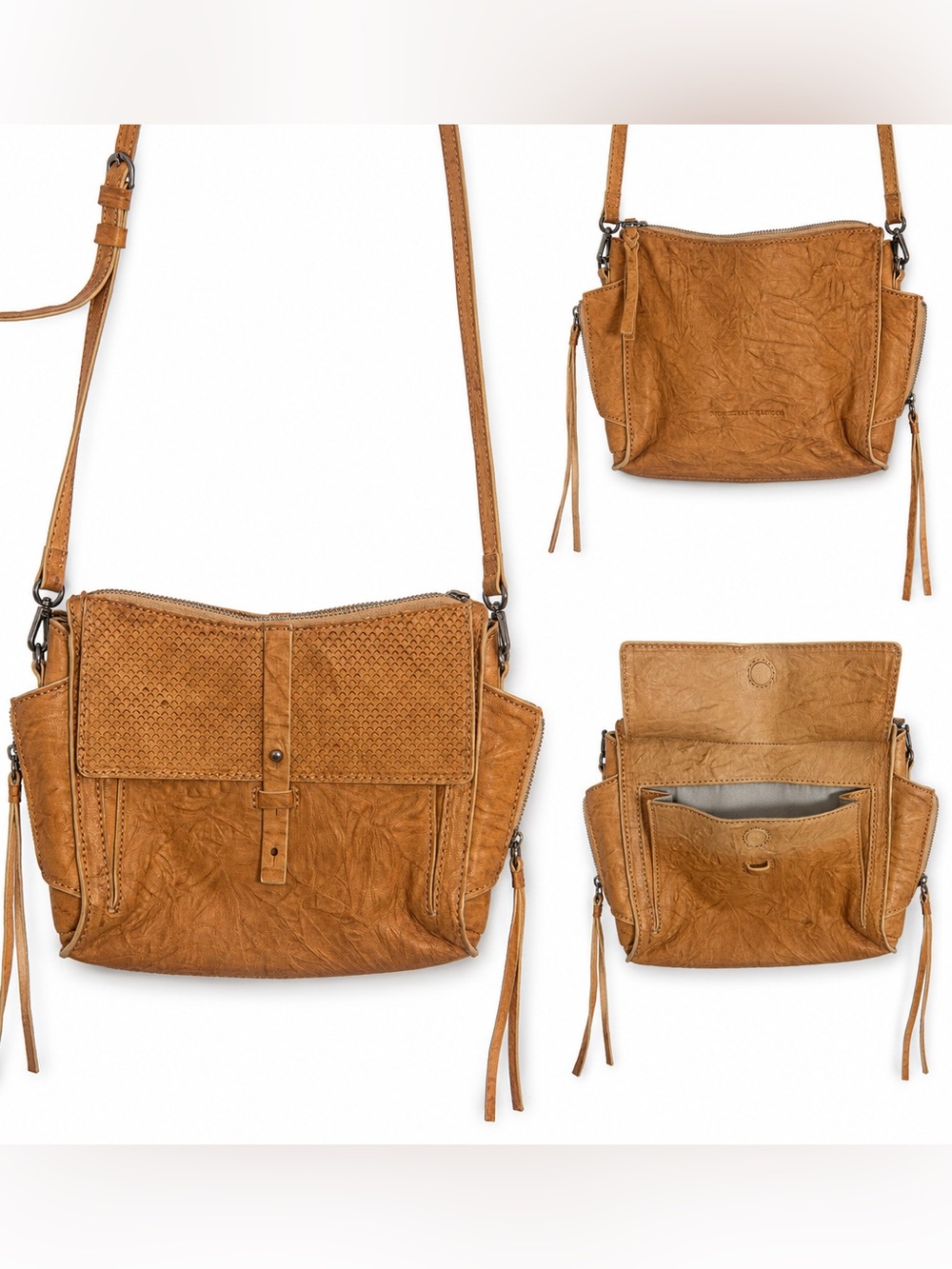 Monserat De Lucca Tan Crinkled Leather Crossbody Bag Boho Tassel Zips textured